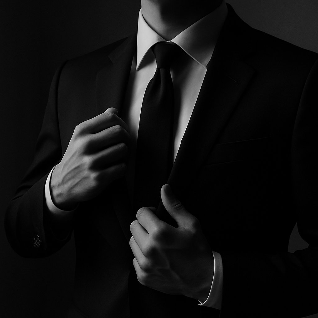 Close crop of a suit and hands adjusting the tie, implying poised speech.